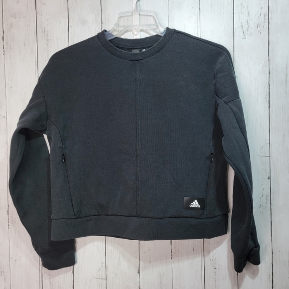 Adidas Women's Black Cotton Blend Cropped Sweatshirt Size Medium Stripes Pockets - Picture 1 of 9